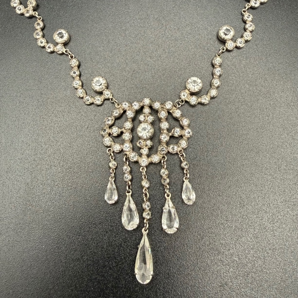 Vintage Sterling Silver Lavalier Necklace Clear Paste Chandelier Drop 18" READ